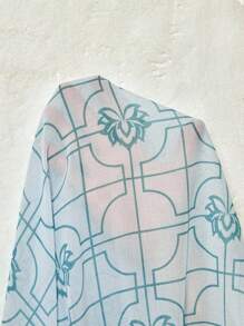 SHEIN VCAY Plus Size Women Casual Lotus-Printed Open Front Short Sleeve Beach Cover Up, Floral Pattern - Baby Blue - View 8