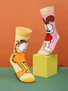 GARFIELD | SHEIN 1双柔软透气吸湿排汗休闲女士中筒袜，卡通条纹图案，时尚可爱黄色和粉色中筒袜，加固脚趾和脚跟，经久耐用，四季百搭 - 彩色 - 查看 5