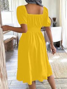 Breezaya 1 件装 女式方领泡泡袖褶皱腰绿色连衣裙，春夏 - 黃色 - 查看 2
