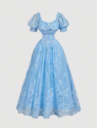 SHEIN MOD Blue Dreamlike Romantic Elaborate Lace & Satin Patchwork Dress With Layered Ruffle Hem And Bow Accent, Suitable For Dates, Parties, Holidays, Tea Parties, Birthdays