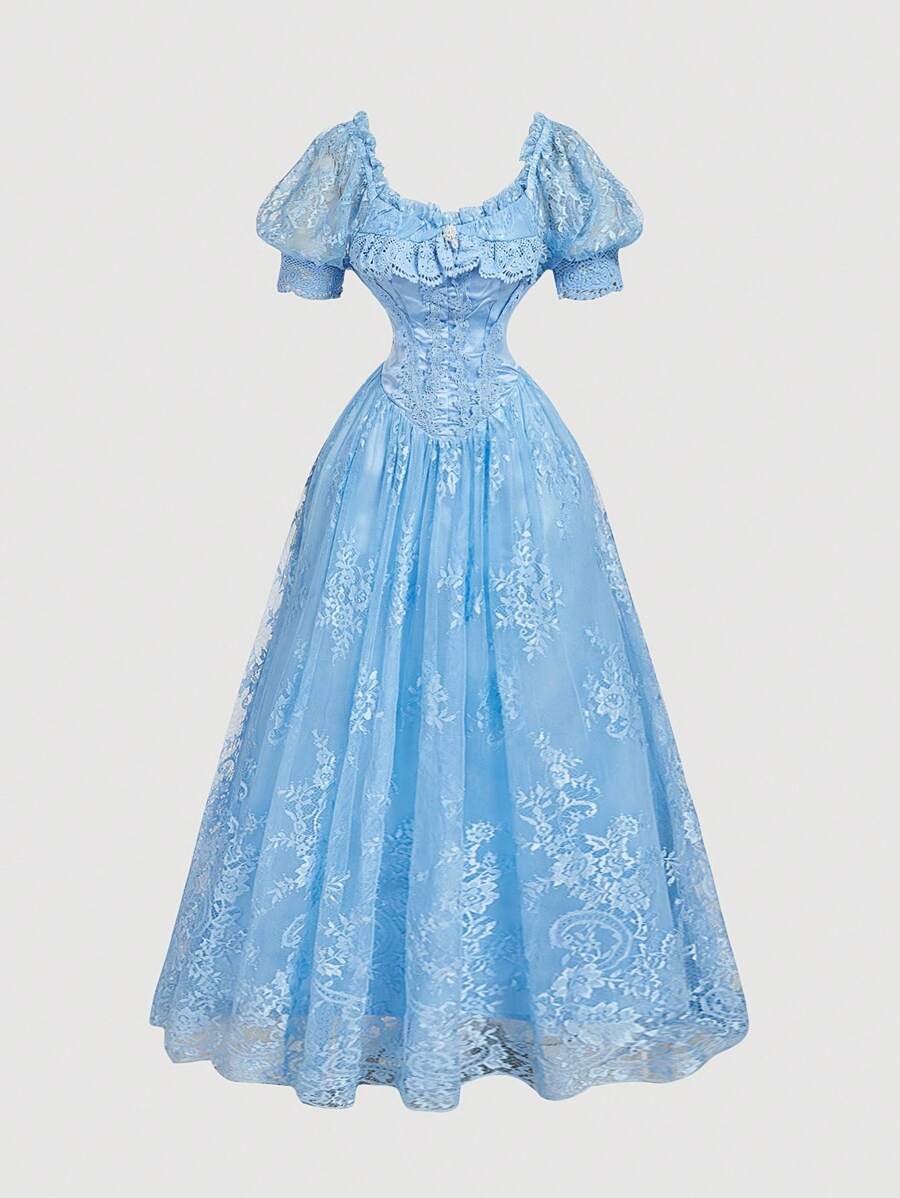 SHEIN MOD 蓝色梦幻浪漫精致蕾丝和缎面拼布连衣裙，带有层叠荷叶边下摆和蝴蝶结装饰，适合约会、派对、节日、茶会、生日 - 藍色 - 查看 1