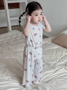 Dazy Kids 2 pièces/set Pyjamas tenues décontractées pour tout-petites filles avec t-shirt à manches courtes col rond imprimé ourson et nœud papillon, et pantalon 3/4 - Gris pâle - Voir 3
