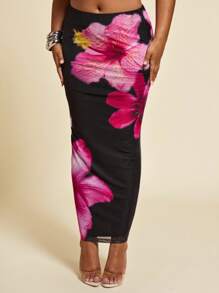 SHEIN BAE Plus Size Women's Spring/Summer Long Floral Print Fitted Mesh Skirt,4th Of July Curve,Airport Outfit Women,Fourth Of July,Birthday Outfits For Women,Club Outfits Women Sexy,Going Out,Festival Outfits For Women,Rave Outfits Festival,Sexy Outfits For Women,Classy Outfits For Women,Graduation,Beach Outfits For Woman,Hawaii Outfits Women,Vacation Outfits Woman,Beach Outfits For Woman Tropical Skirt Floral Skirt Long Floral Skirt Hibiscus Skirt Graphic Skirt