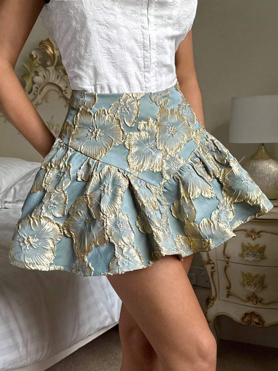 SHEIN Glamour 优雅宫廷风绿灰色提花闪亮迷你裙，适合秋季女装返校季 - 綠色 - 查看 1