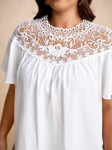 Elaquor Camicetta elegante di colore unito con inserti in pizzo, di taglia curvy, per l'estate - Bianco - Visualizzare 6