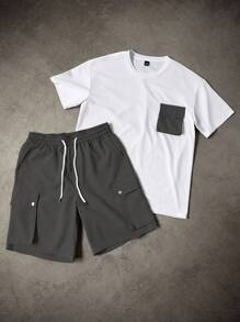 Manfinity Homme Men's Summer Casual Contrast Color Pocket Short Sleeve T-Shirt & Utility Shorts Set Men Two Piece Casual Short Sets Men Summer Sweatsuit