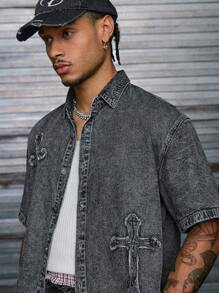 AXEPEAK Men's Casual Water-Washed Cross Print Short Sleeve Denim Shirt, Summer - Grey - View 4