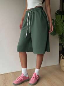 SHEIN EZwear Olive Green Casual Drawstring Waist Plus Size Women Shorts,Back To School - Olive Green - View 6