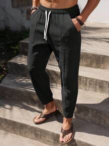 Manfinity RSRT 男士 100% 纯棉抽绳腰口袋休闲九分裤男士黑色亚麻裤男士抽绳裤黑色裤子男士休闲裤亚麻裤，秋季