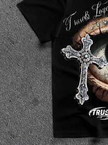 Manfinity ZONE917 Men Gothic Cross & Flame Print Distressed T-Shirt Set - Black - View 3