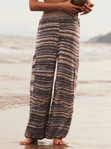 Bohemela 大码女式休闲日常通勤度假街头时尚低腰拼布口袋多色条纹图案抽绳下摆毛衣裤秋冬女装 - 彩色 - 查看 8