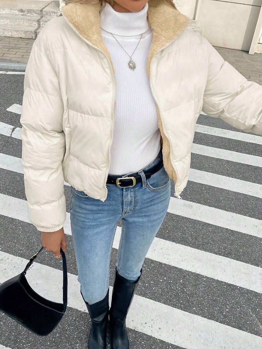 Serisse Women Solid Color Zip Front Stand Collar Thermal Lined Short Winter Jacket Casual - Cream - View 1