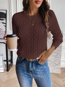 EMERY ROSE 休闲纯色圆领毛衣，秋冬针织套头衫秋季 - 咖啡棕 - 查看 4