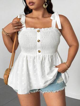 SHEIN CURVE+ 大码女式纯色前胸拼布提花羊毛球面料肩带衬衫