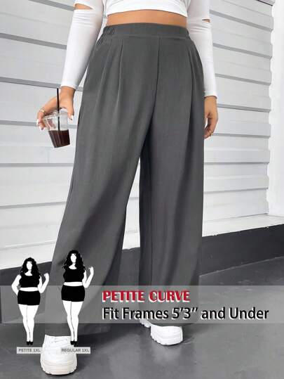 SHEIN PETITE CURVE Plus Size Women's Autumn And Winter Casual Comfortable Loose Elastic Waist Gray Basic Wide-Leg Pants,Fall Women Clothes,Homecoming,Old Money,Going Out Bottoms,Curv Pants,Women Outfits,For People Of Shorter Stature