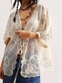 Bohemela Women's Casual Solid Color V-Neck Loose Woven Blouse - Apricot - View 3