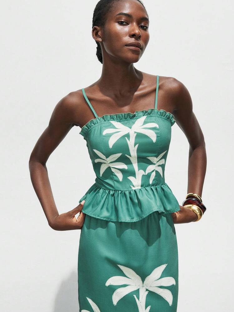 SHEIN Maija 2025 Herbst Damen Grün Blumen Muster Volant Saum Urlaubs Camisole Top, Hawaii Stil, Boho, geeignet für Sommer & Herbst