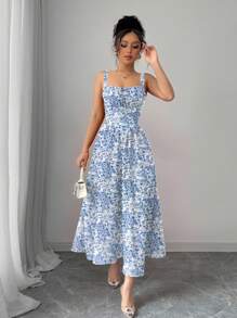 Chiquease Rafferiza 女式浪漫红色彩色花卉印花纯色情人节约会生日度假休闲连衣裙荷叶边前系带蝴蝶结可爱太阳裙演唱会服装优雅吊带后背不对称腰部修身A字下摆2025夏季新款长裙 - 藍白色 - 查看 6