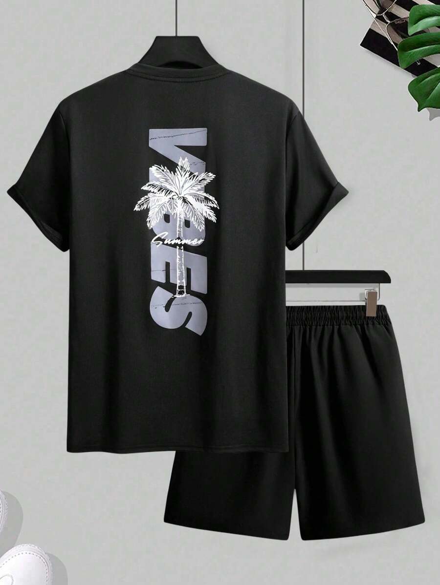 Manfinity Chillmode Men's Casual Palm Tree Print T-Shirt & Drawstring Shorts 2-Piece Set, Vacation - Black - View 1