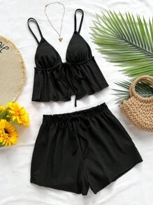 Soleia 新款女士度假绿色针织纹理可调节上衣+荷叶边短裤套装，适合下午茶、街头、度假、四季皆宜、派对、音乐节、复活节、度假风、休闲风、波西米亚风、西部风、音乐节风、乡村风、早午餐、海滩、机场穿搭、机场、宽松版型、毕业季、女士两件套、婚礼服两件套夏季度假套装女士两件套夏季两件套沙滩装 - 黑色 - 查看 4