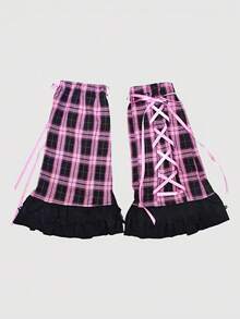 ROMWE Kawaii 1 双 Y2K 朋克粉色和格子蝴蝶结蕾丝拼接腿套，适合女孩乐队成员街头服饰，时尚腿套 - 粉色 - 查看 2