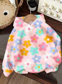 SHEIN 可爱卡通彩色多巴胺花朵印花，年轻女孩休闲宽松舒适连帽长袖针织衫，适合秋冬季，返校