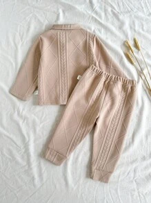 Vintaside Kids 2pcs/Set Infant Boys Khaki Textured Jacquard Fabric Long Sleeve Shirt Outfit With Pants - Khaki - View 2