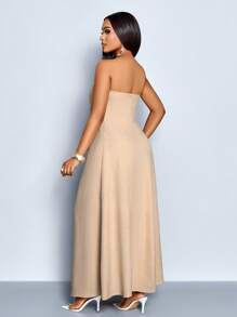 SOLERSUN 女士度假海滩派对优雅亚麻抹胸连衣裙，带扭曲褶饰镂空细节