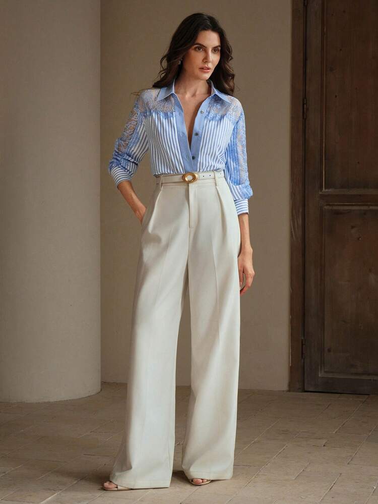 Nuova polo da donna elegante per primavera/estate, con maniche lunghe, trasparente, a righe di contrasto, con bordo in pizzo e dettaglio traforato