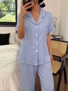 SHEIN Striped Lapel Short Sleeve & Long Pants Pajama Set Women Striped Pajamas Blue And White Striped Pajamas Summer Pajamas For Women Women Pajama Set Sleepwear Set Women  Cozy And Elegant Details - Blue - View 3