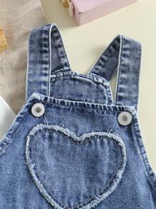 SHEIN 女婴时尚休闲心形印花牛仔背带裤和长袖上衣套装 - 彩色 - 查看 6