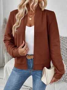 SHEIN LUNE 时尚休闲卡其色针织提花外套，适合秋冬通勤 - 棕色 - 查看 3