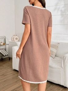 Moonlight&Mama Women's Casual Lace Patchwork V-Neck Single Breasted Short Sleeve Nursing Knitted Nightgown - Coffee Brown - View 2