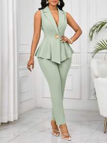 SHEIN Lady Bộ vest blazer không tay, bộ vest công sở eo thon thanh lịch lãng mạn dành cho nữ, trang phục công sở cho nữ vào mùa thu/đông - màu xanh lá - Xem 3