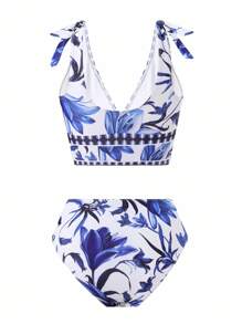 Swim Oasis V 领多色蝴蝶结花卉印花 3 件套比基尼套装，带网眼裙，高品质度假比基尼套装