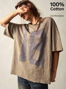 Bohemela Casual Solid Color Knit Round Neck Loose Washed Plus Size T-Shirt,Vintage - Dark Grey - View 1