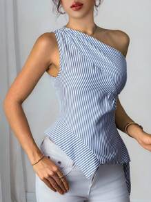 Firerie Damski elegancki, swobodny, minimalistyczny, biznesowy, swobodny, lniany top w niebieskie i białe paski z asymetrycznym dołem i falbankami, kremowo-żółty, odpowiedni na 4 lipca, na co dzień i do biura, na bal maturalny/randkę/wiosnę/lato, stylowy i wygodny, luźny top, na ukończenie szkoły, na nauczyciela, na powrót do szkoły - Niebieski i biały - Zobacz 3