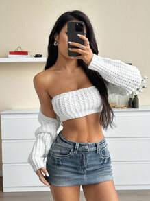SHEIN EZwear 女士两件套 - 常规抹胸上衣和开衫 - 白色 - 查看 1