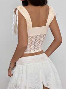 INAWLY Women's Twist Ruched Layered Contrast Lace Sexy T-Shirt - Apricot - View 2