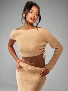 MISSGUIDED Conjunto de saia longa assimétrica de malha de manga comprida, roupa de dormir de inverno e outono, suéter canelado drapeado, roupa de duas peças - Caqui - Ver 5