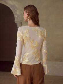 MOTF PREMIUM WOMEN EMBROIDERED ELASTIC MESH SLIM FIT FLARED SLEEVE T-SHIRT - Apricot - View 3