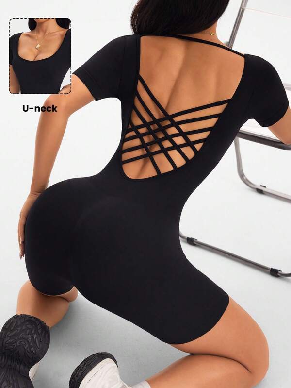 Easithlete 纯色露背交叉背夏季短袖连体裤