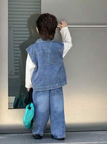 Dazy Kids Kids Autumn Outfit - 3pcs Set: Loose Denim Jacket, Denim Vest And Straight Leg Denim Pants For Toddler Boys - Medium Wash - View 9