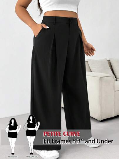 SHEIN PETITE CURVE Plus Size Solid Color Button Casual Wide Leg Pants Graduation,Back To School,Teacher Outfits For Women In Fall/Winter