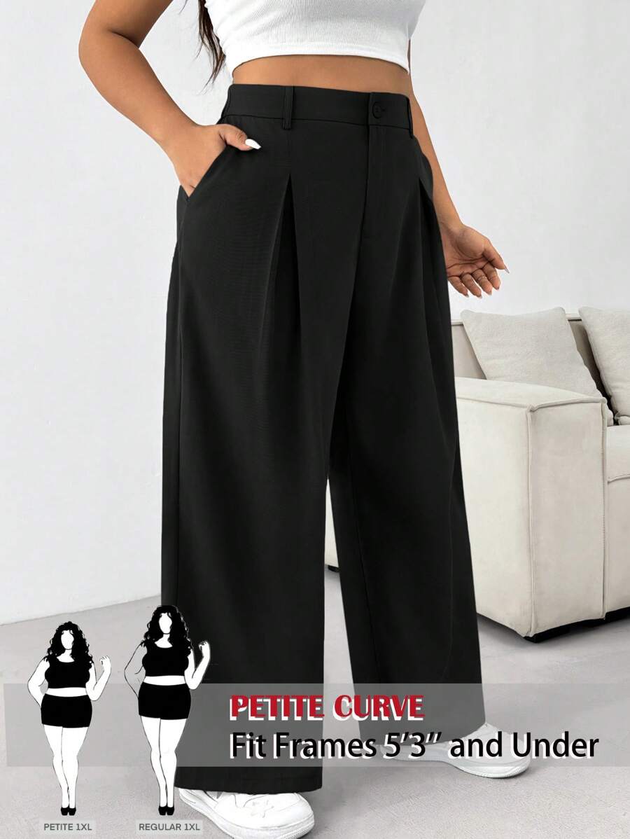 SHEIN PETITE CURVE Plus Size Solid Color Button Casual Wide Leg Pants Graduation,Back To School,Teacher Outfits For Women In Fall/Winter - Black - View 1
