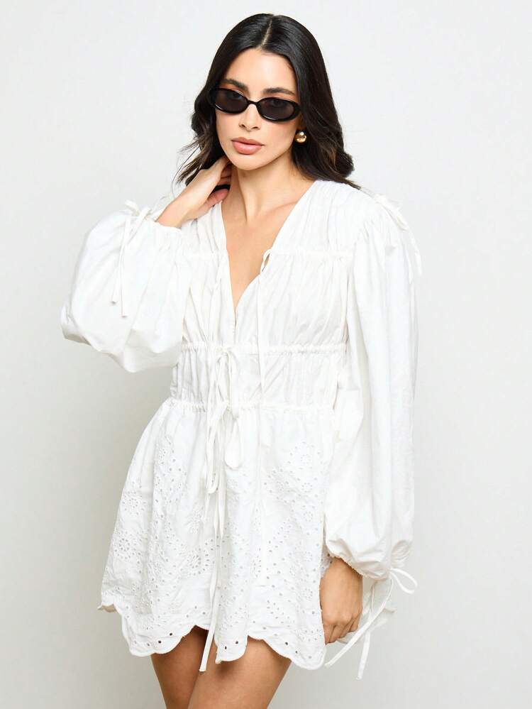 AiiRZ Bohemian Broderie Anglaise Mini Dress Balloon Sleeve Empire Waist Beach Cover Up Vacation Summer Spring Lightweight Drawstring