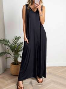 Mono suelto sin mangas con cuello en V y bolsillo, pierna ancha, para mujer, casual de verano