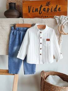 Vintaside Kids 幼儿男童时尚立领长袖衬衫搭配休闲长款水洗牛仔裤套装，适合派对、聚会或日常休闲穿着 - 白色 - 查看 9