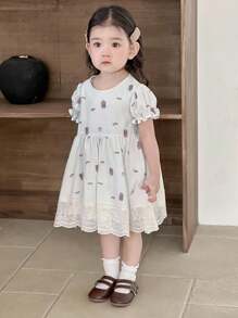 Dazy Kids Robe d'été style coréen à manches bouffantes et imprimé ours de dessin animé pour tout-petites filles