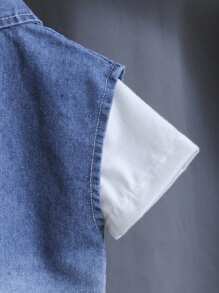 Genkimix Kids Baby Boy 3-Piece Set: White Round Neck Short Sleeve Top, Sleeveless Denim Vest Jacket, And Shorts, Simple Style With Denim Pattern, Fashionable Design, Suitable For Outdoor Play And Casual Home Wear, Creating A Stylish Little Kid